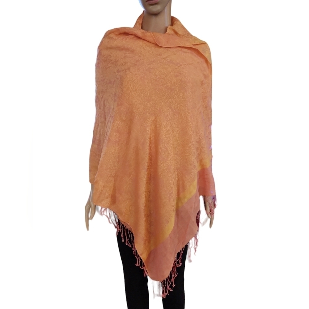 Pink & Yellow Paisley Fringe Wrap Shawl